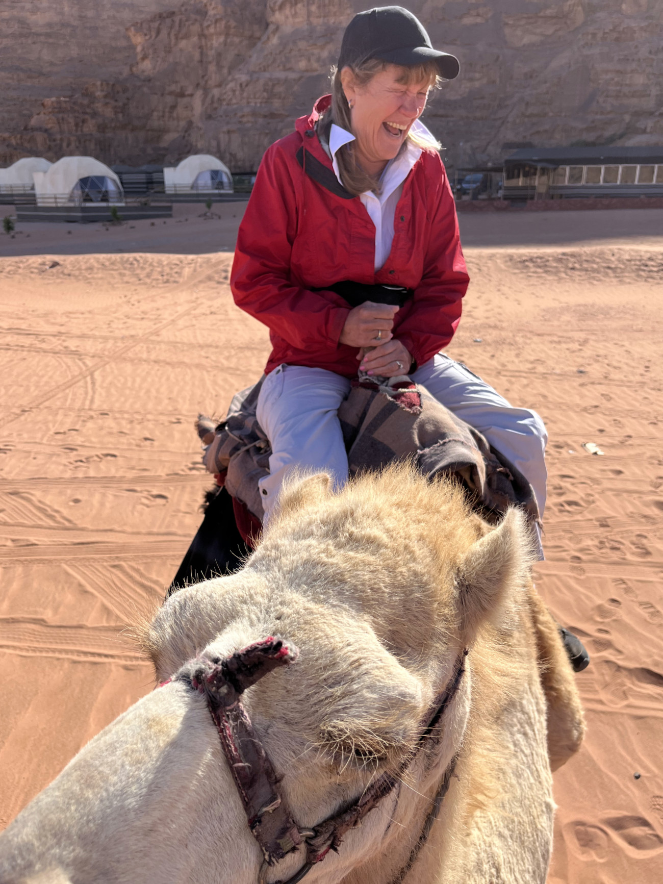 Kathy on camel laughing